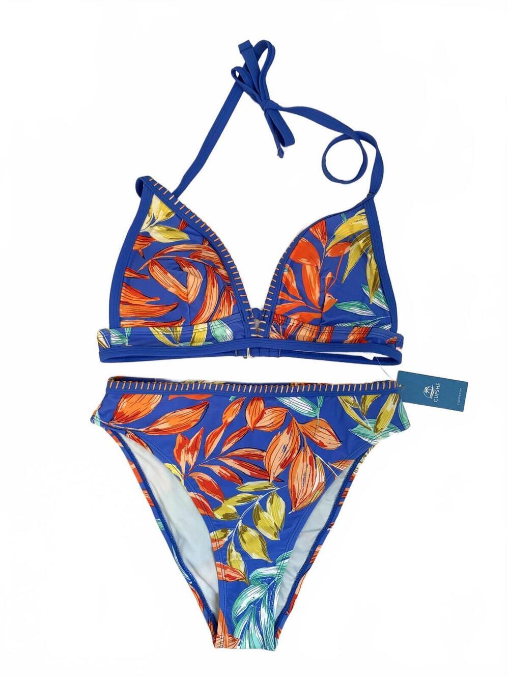 Cupshe | Two Piece Bikini Cobalt Blue Yellow Orange Tropical High Cut Size M‎